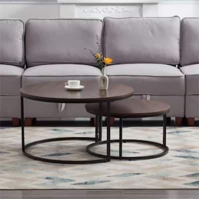 Round Nesting Coffee Table Set of 2 for Living Room, Office, Balcony, Modern Wood Coffee Table MDF Walnut Tabletop w/Black