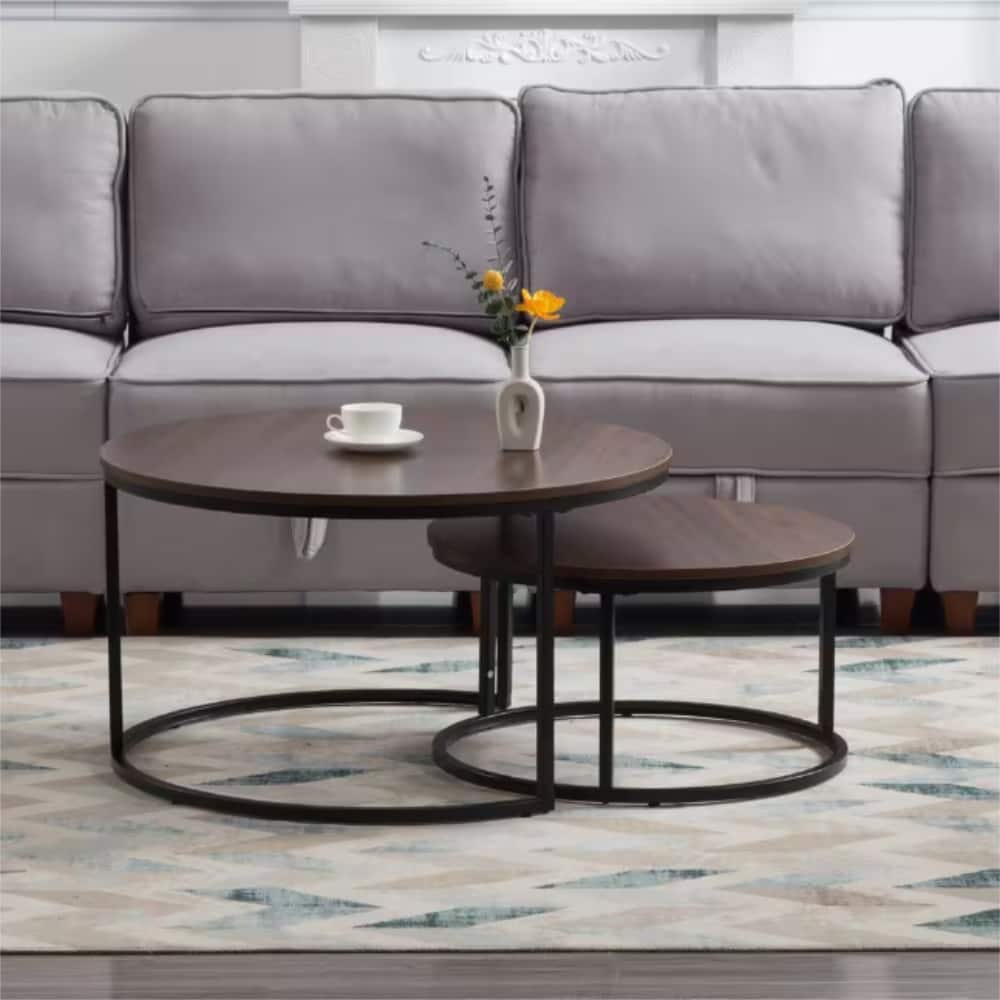 Round Nesting Coffee Table Set of 2 for Living Room, Office, Balcony, Modern Wood Coffee Table MDF Walnut Tabletop w/Black