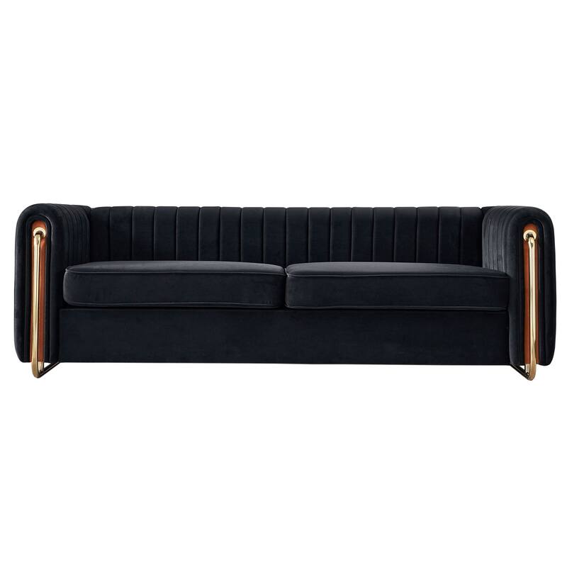 Modern Velvet Sofa with Channel Tufting & Gold Steel Legs - 3 Seater Couch