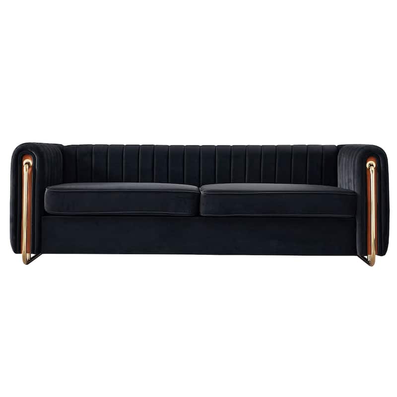 Modern Velvet Sofa with Deep Tufting, Gold Metal Legs, Elegant Living Room Accent, 84.25" Length - Black
