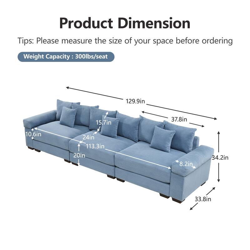 Roomfitters 130 Inch Modular Sectional Couch, Oversized Corduroy 3-Seater with Deep Seats, Blue