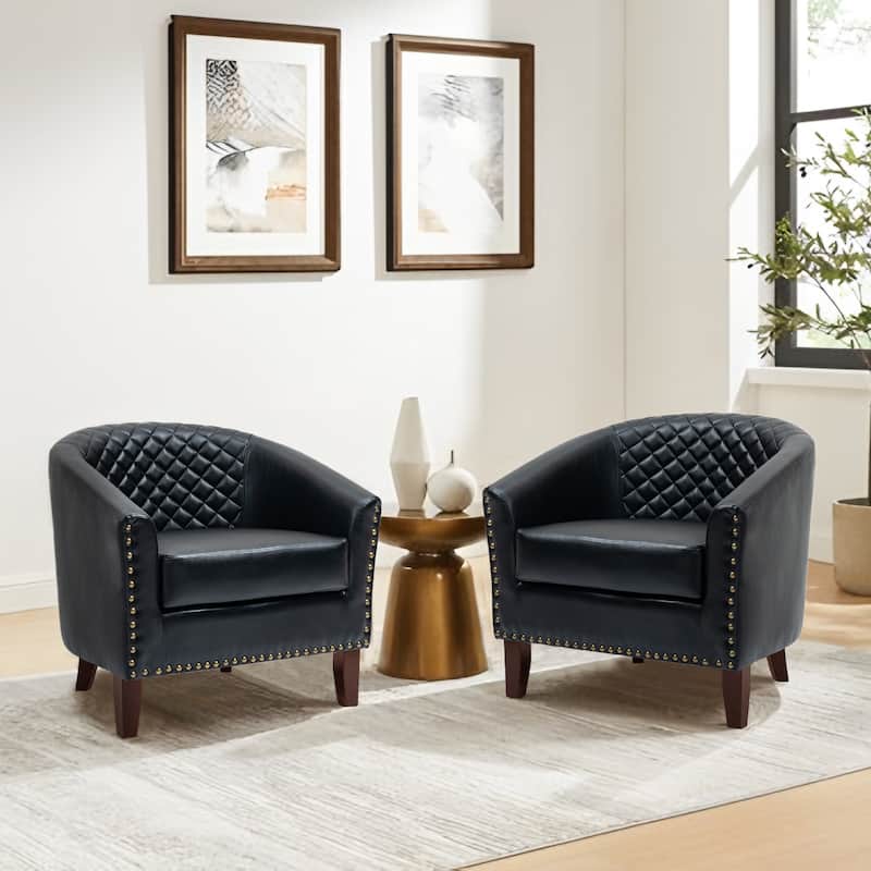 2 Set 29" W Vegan Leather Barrel Accent Chairs with Nailheads Trim - Black