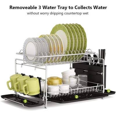 2 Tier Large Kitchen Dish Rack with Removable Drainboard, Utensil Holder and Cup Holder, Rust-proof - N/A