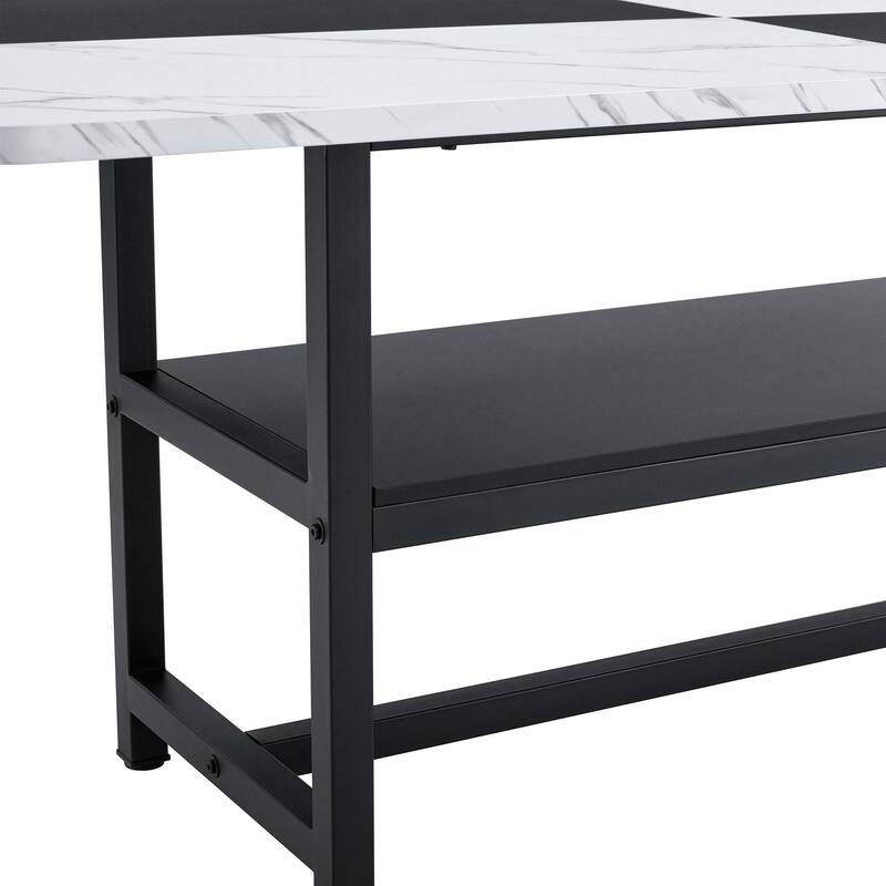 Dining Table with Storage, Scratch-Resistant MDF White & Black Top, Linen-Cotton Chairs, Iron Pipe Spraying Legs