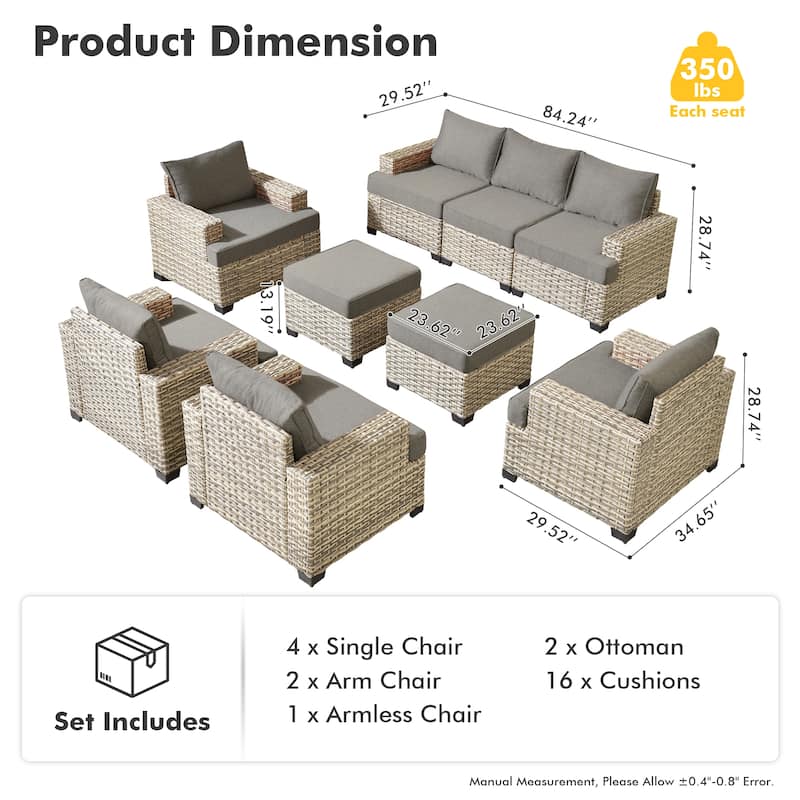 OVIOS 9 Pieces T shaped Seat Wide Armrest Set With Ottoman