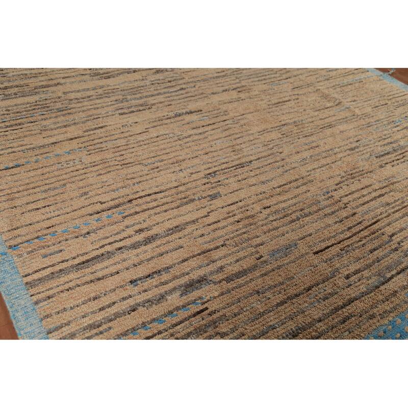 Brown Striped Moroccan Modern Area Rug Hand-Knotted Wool Carpet - 8'9"x 13'0"
