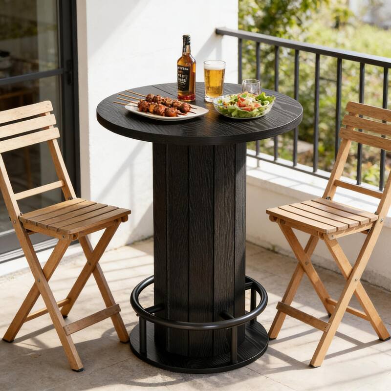 Round Bar Table with Fence-Style Base, Wood Cocktail Table Pub Table with Footrest, Coffee Table Kitchen Dining Table