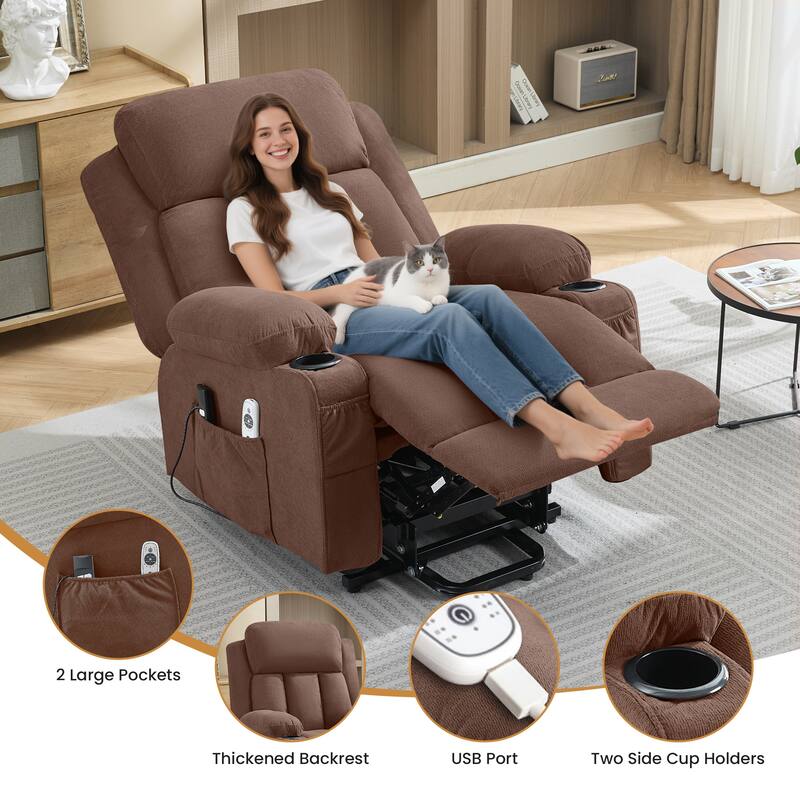 Power Lift Recliner with Heat & Massage USB Side Pockets for Elderly