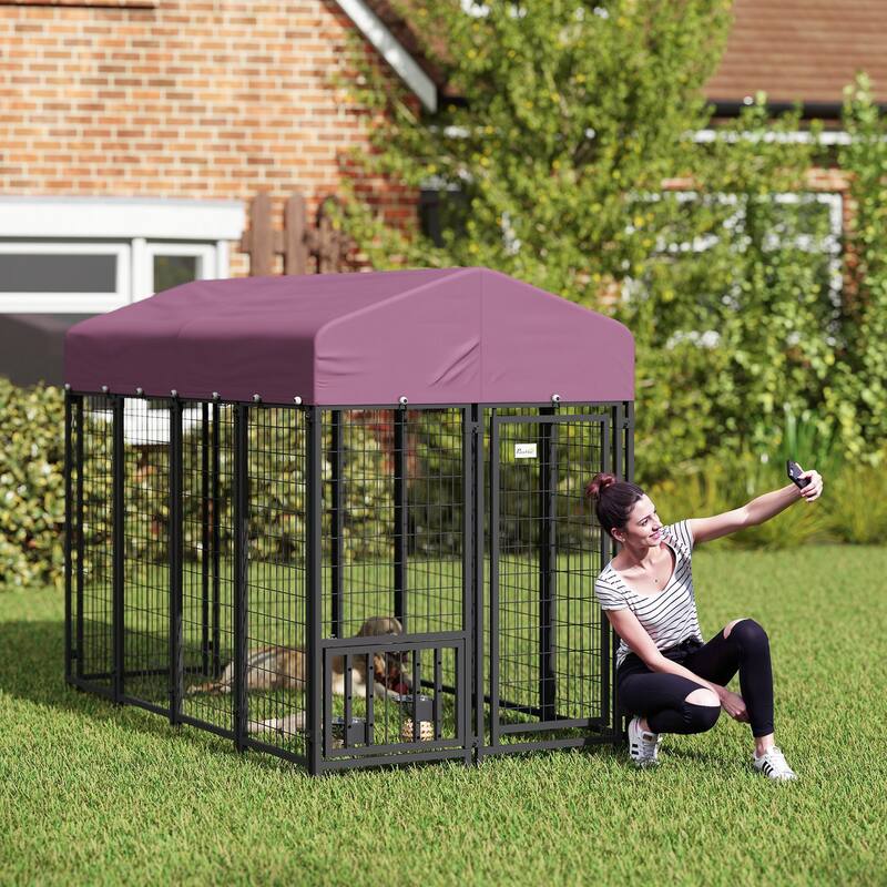 PawHut 7.9' x 4' x 6' Outdoor Dog Kennel, Welded Wire Heavy Duty Dog Run with 360° Rotating & 4 Level Adjustable Bowls