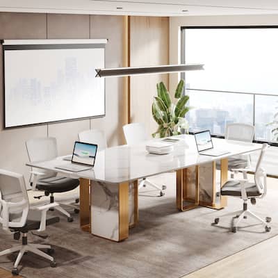 79-inch Modern White Rectangular Sintered Stone Conference Room Table for 6 -8 People with Double Stainless Steel Pedestal