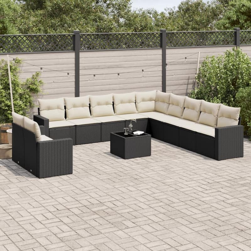 vidaXL Garden Sofa Set Black PE Rattan Large Adjustable Feet - Black and Cream With table - 21.7 x 21.7 x 14.6 in (W x L x H)