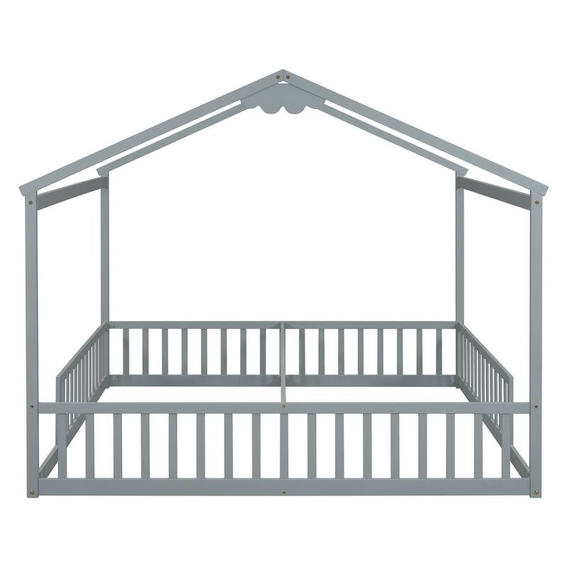 Double Twin House-Style Floor Bed with Fence, Guardrails, without door