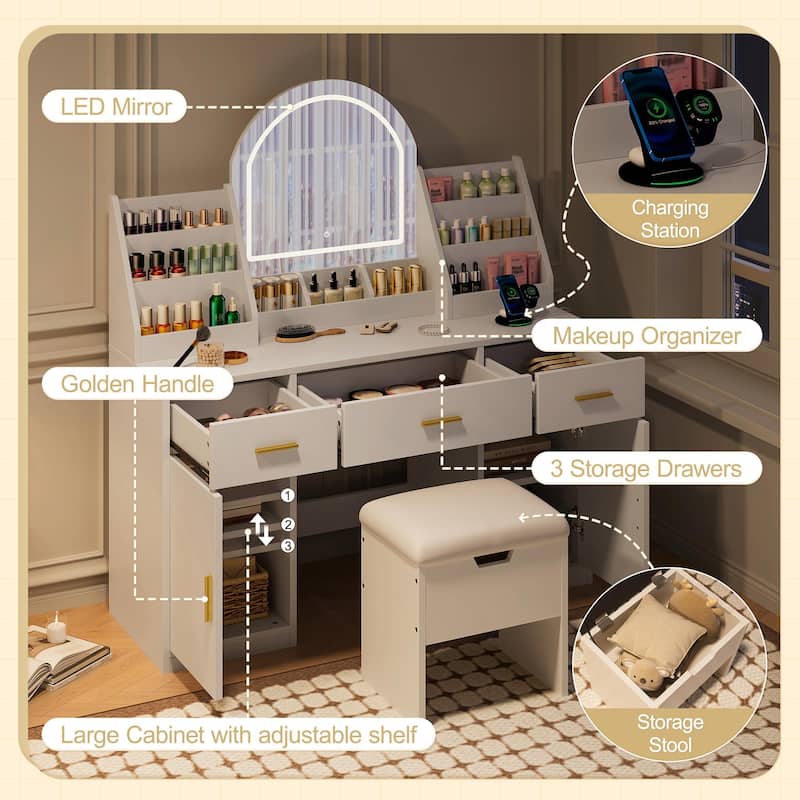 47.2" Makeup Vanity with Mirror & Light - Vanity Desk with Cushioned Storage Stool