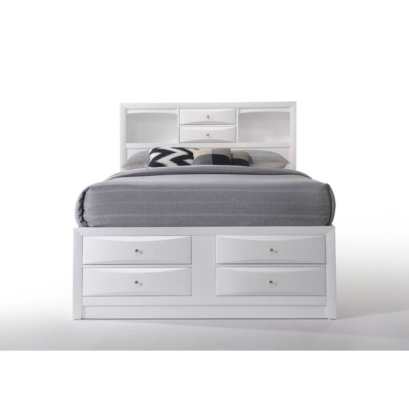 White Queen Storage Bed with 8 Drawers & Bookcase Headboard, No Box Spring Needed