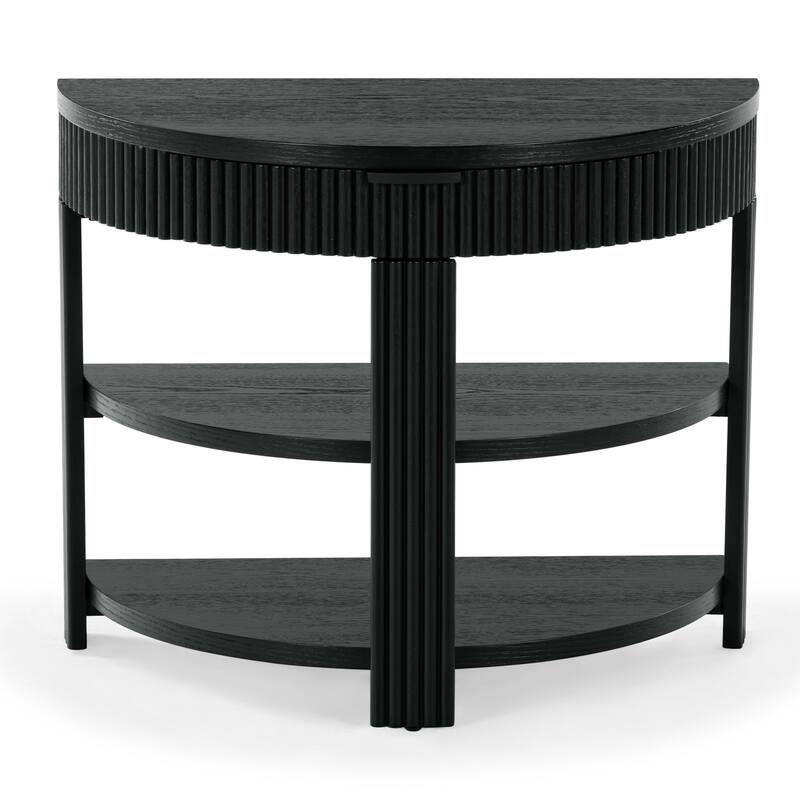 SAFAVIEH Couture Shelbie Reeded 1-Drawer 2-Shelf Half Moon Console Table - 32"W x 16"D x 26"H - Black/Black