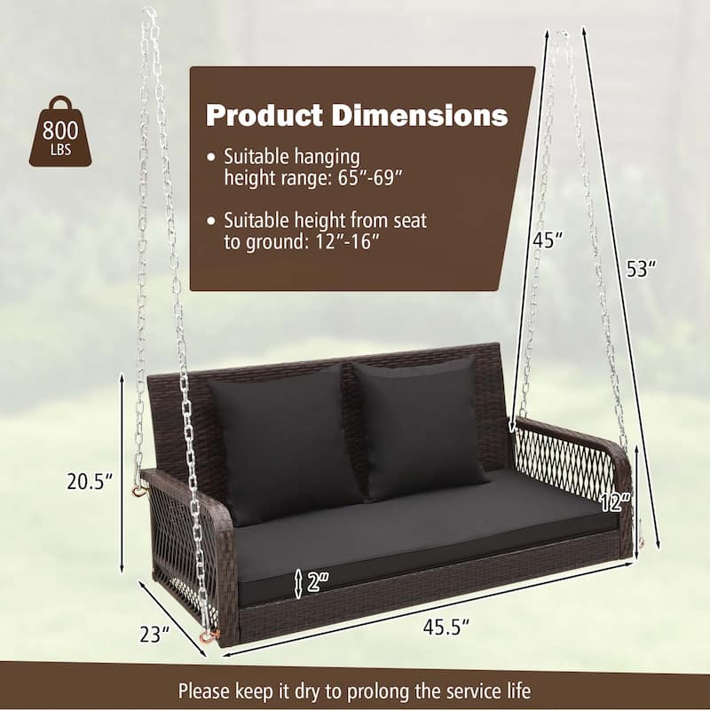 Patio Wicker Porch Swing 2-Person Hanging Loveseat Bench w/ Cushions
