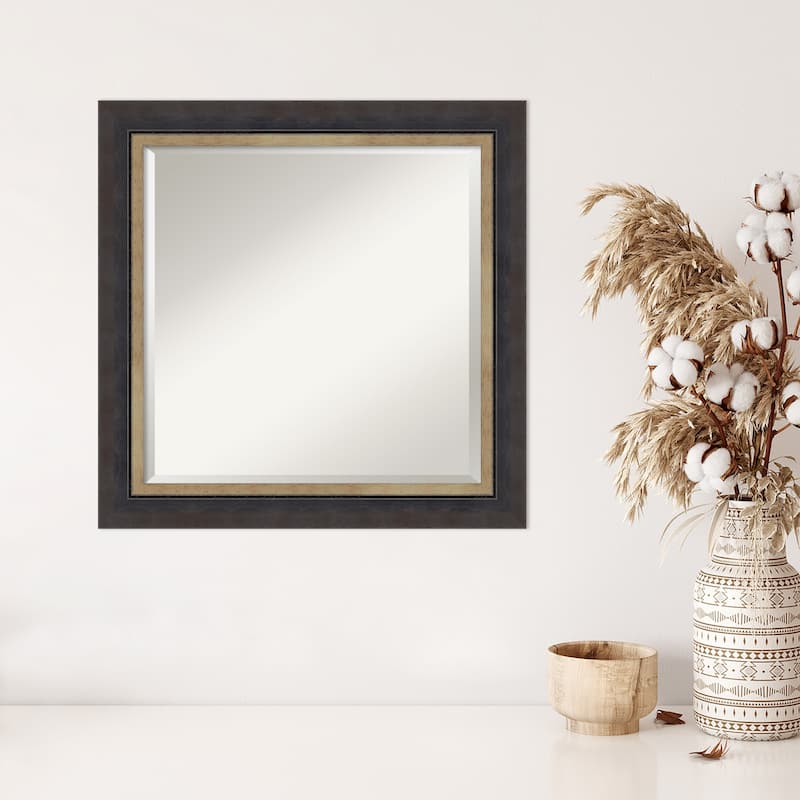 Hammered Charcoal Tan Beveled Wood Framed Wall Mirror - Hammered Charcoal Tan