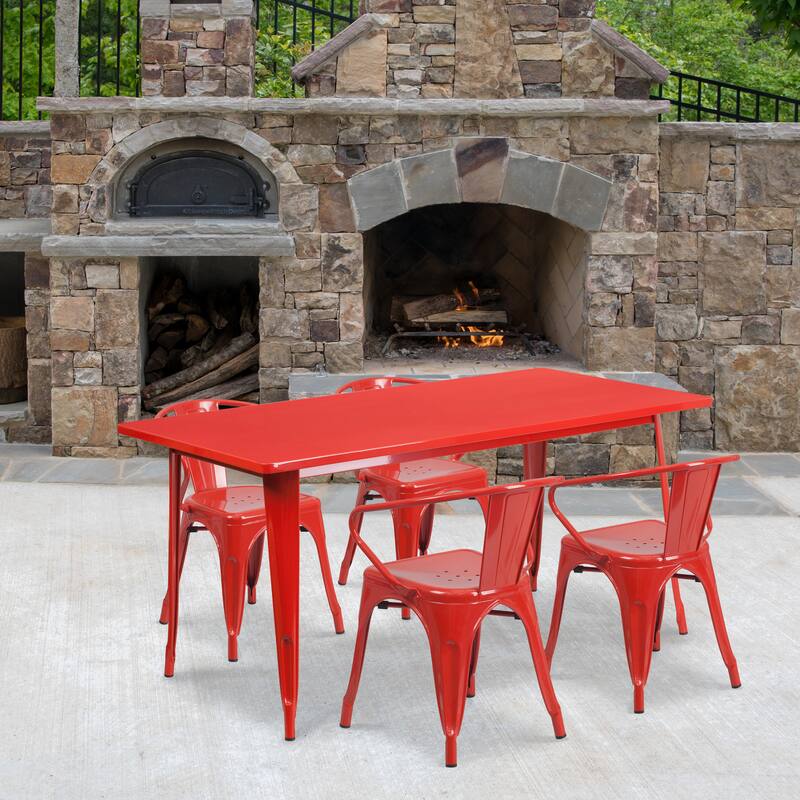 31.5'' x 63'' Rectangular Metal Indoor-Outdoor Table Set with 4 Arm Chairs - Red