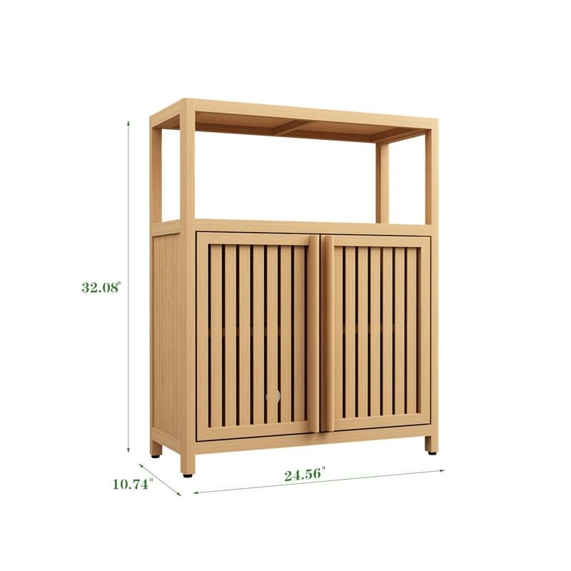 Bamboo storage cabinet, freestanding bathroom cabinet with 2 louvered doors, floor-standing cabinet