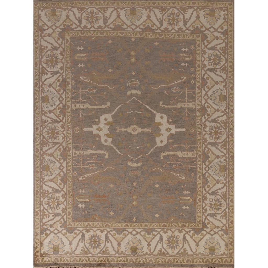 Earth Tone Oushak Indian Area Rug Handmade Floral Wool Carpet - 7'11" x 10'1"