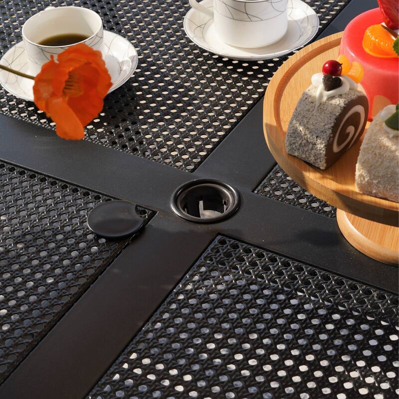 Seats up to 4 Outdoor Dining Sets, 37" Square Metal Bistro Table with Umbrella Hole and 4 Rattan Garden Chairs