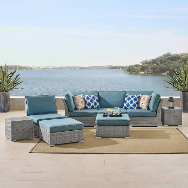 Shop Corvus 8 Piece Grey Wicker Patio Conversation Set With Blue Cushions On Sale Overstock 12653586 Blue