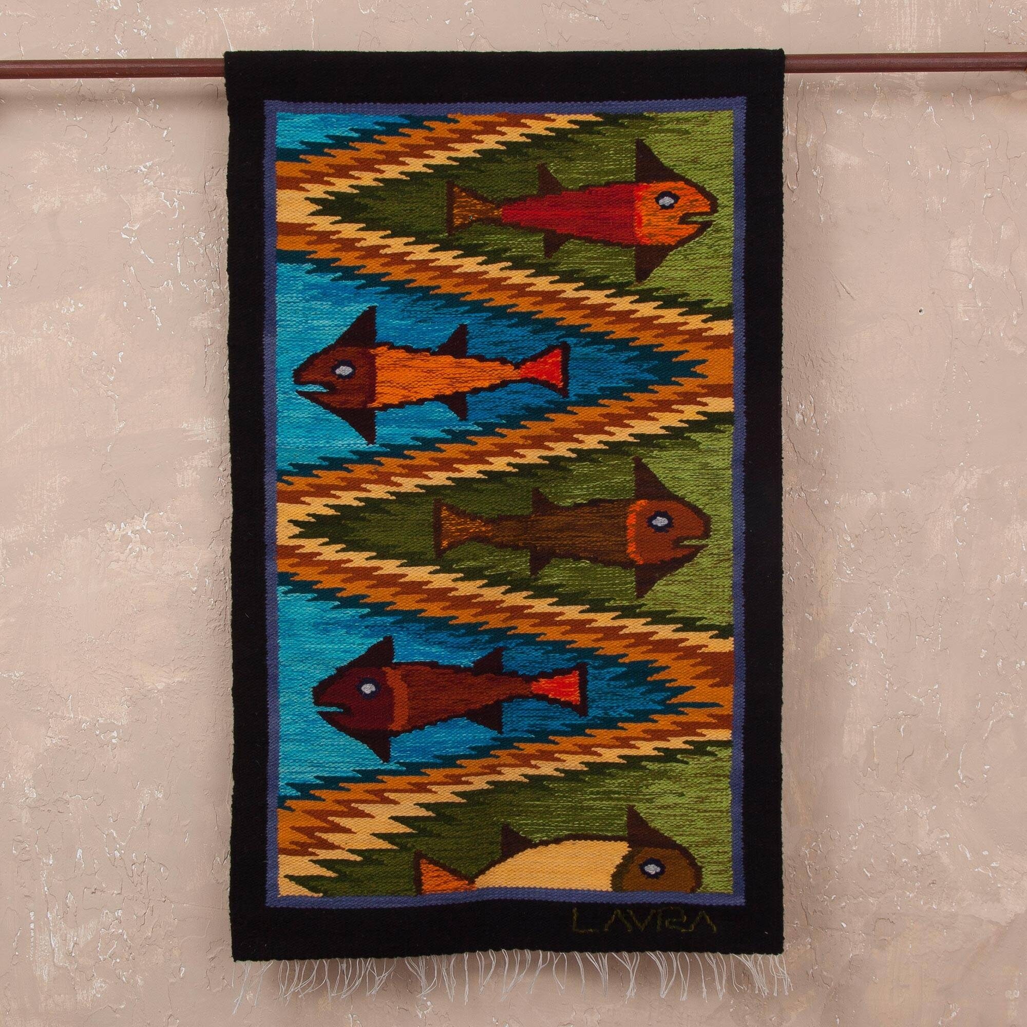 Handmade Andean Fish Wool tapestry Peru