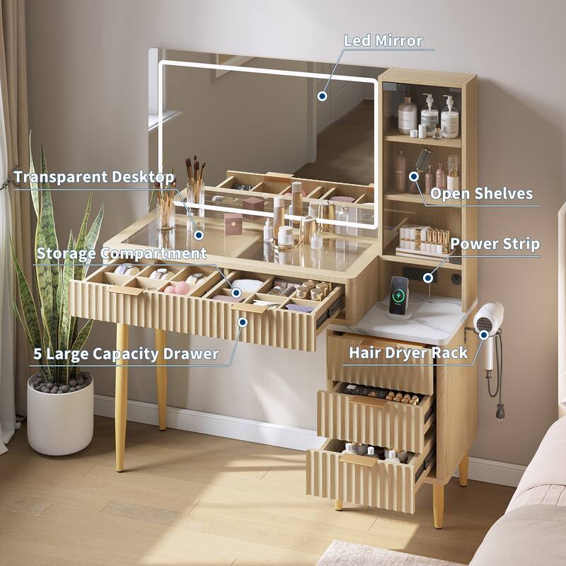 Makeup Vanity Desk with Lights, Fluted Wooden Dressing Table with 5 Drawers and Adjustable Shelves, Makeup Vanity Table