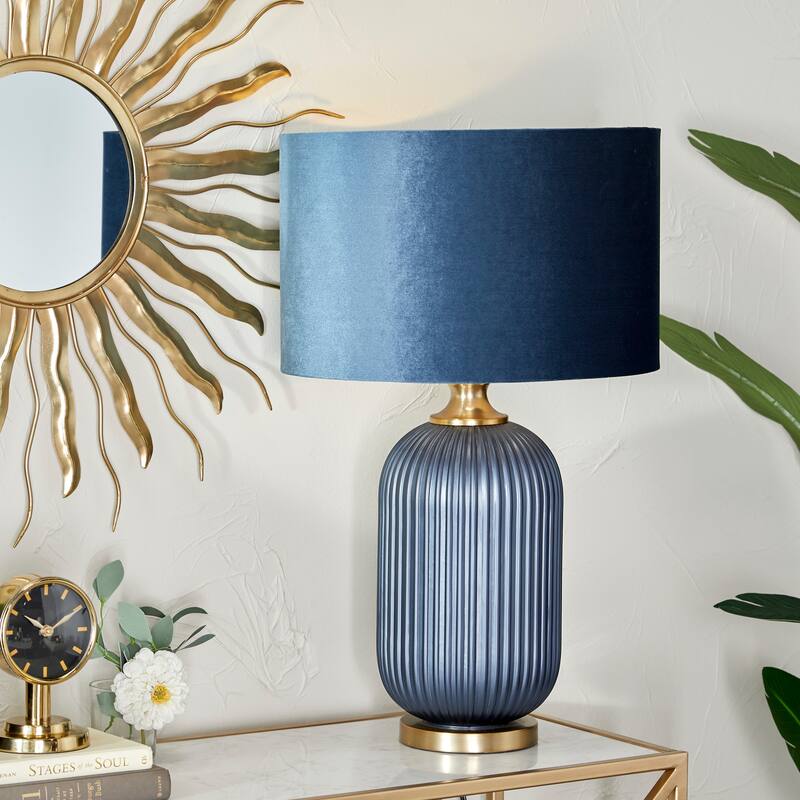 Blue Fabric Ribbed Table Lamp with Velvet Shade and Gold Accents