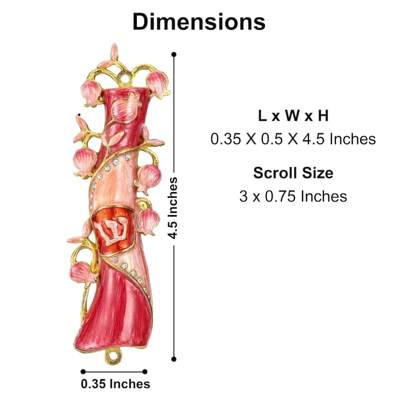 Matashi Hand Painted Red & Pink Enamel Mezuzah Embellished with a Pomegranate Floral Design with Gold Accents Quality Crystals
