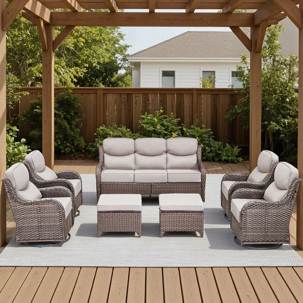 Meyreso 7-Piece Wicker Patio Conversation Set with Swivel Gliders and 6-Inch Thick Olefin Cushions