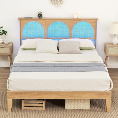 Bed Frame with Natural Rattan Headboard