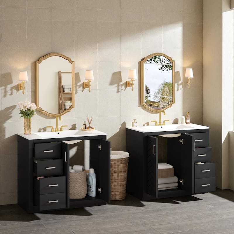 72" Solid Wood Bathroom Vanity with Dual Ceramic Sinks, Freestanding Double Sink Cabinet with Drawers and Soft-Closing Doors