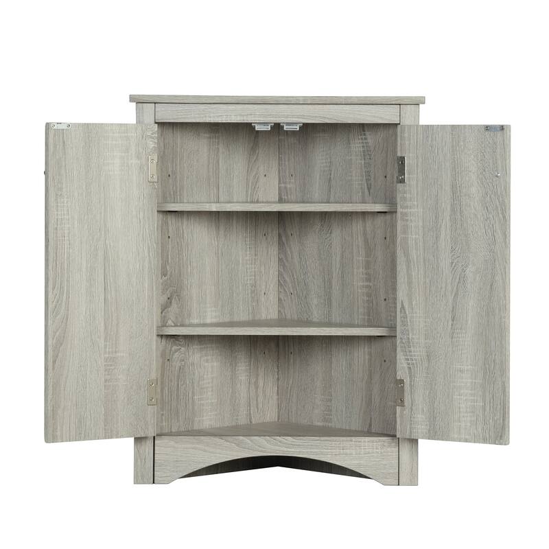 Triangle Corner Storage Cabinet, Freestanding Floor Cabinet, Double Door Bathroom Cabinet with 2 Tier Adjustable Shelves