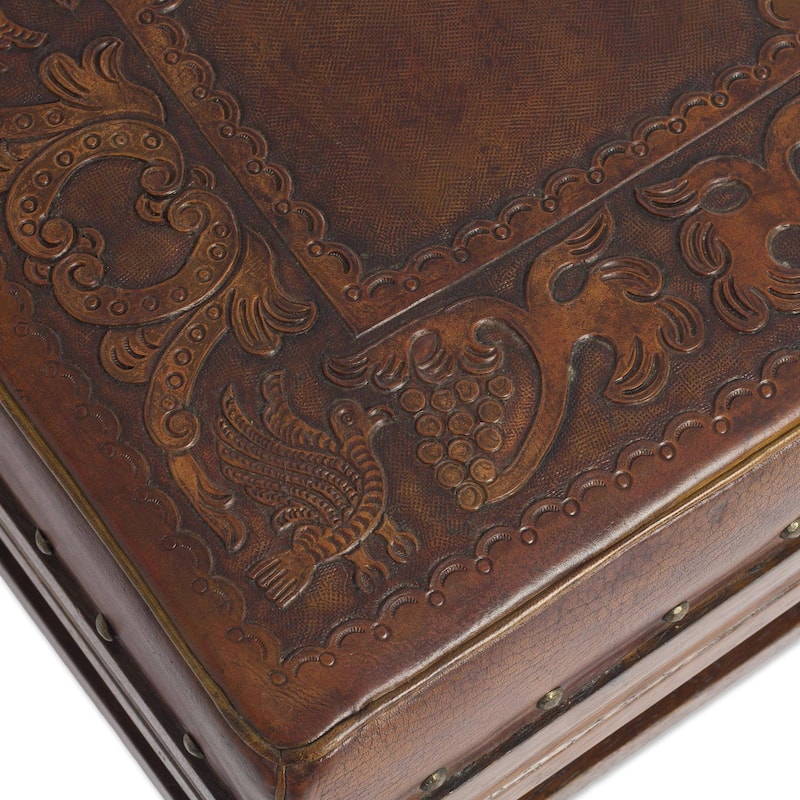 Wood and leather stool, 'Birds Among the Vines' - 15.75" H x 16.5" W x 15" D