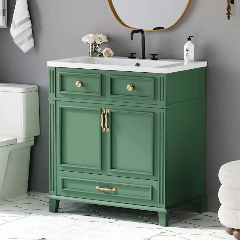 Roomfitters 30" Vanity with Resin Sink, Solid Wood Cabinet with Soft Closing Doors, Retro Freestanding Storage Style