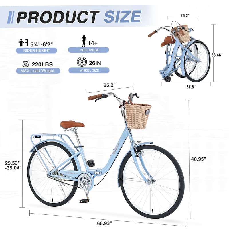 26 Inch Single Speed Folding Lady Bike,Durable Steel Frame,Compact Design For Easy Storage And Commuting