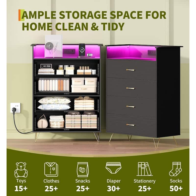 4-Drawer Dresser for Bedroom with Charging Station & RGB Lights