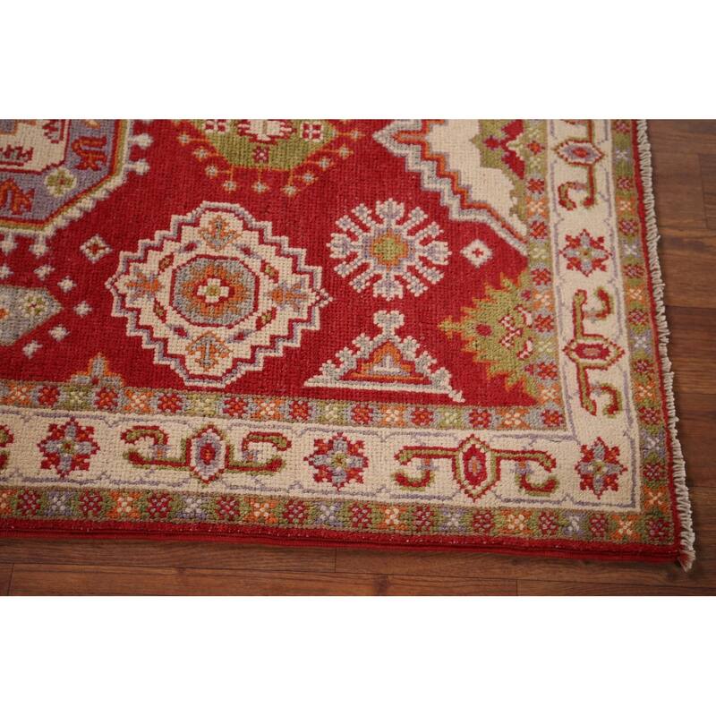 Geometric Red Kazak Accent Rug Hand-Knotted Oriental Wool Carpet - 2'7" x 4'1"
