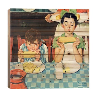 Who's Having More Fun (Kids Eating Corn) Print On Wood by Norman Rockwell - Multi-Color