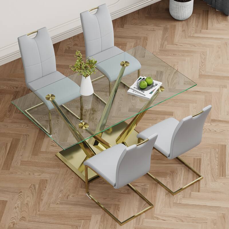 5-Piece Rectangular Dining Table Set for 4 Modern 63" Tempered Glass Kitchen Table with 4 Chairs, Luxury Dining Room Table Set