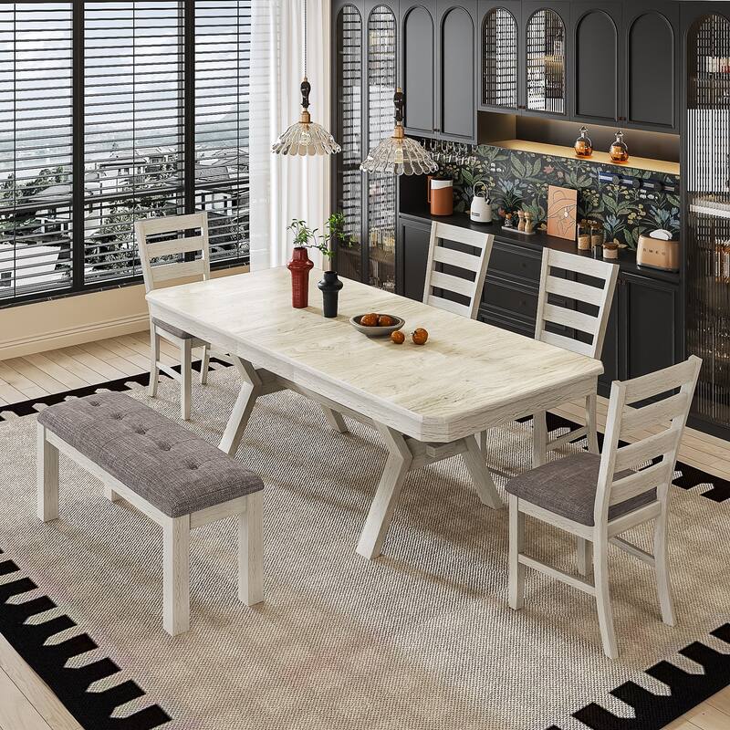 VECELO Dining Table Set with Bench, Solid Wood Rectangular Extendable Dining Table and Chairs Set for 6-8