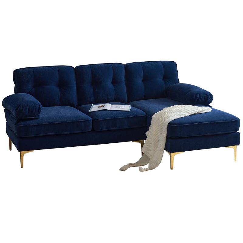 Velvet Sectional Sofas Couches with Pillow Top Arms and Upholstered Backrest, Modern L-Shaped Couches with Metal Legs