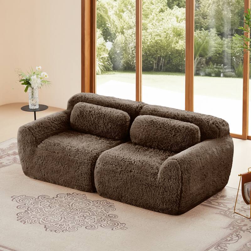 2-seater Modular Sectional Sofa Couches, Soft Fluffy Plush Fabric Bottom Anti-Slip Design, 32D High Density Sponge - Chocolate