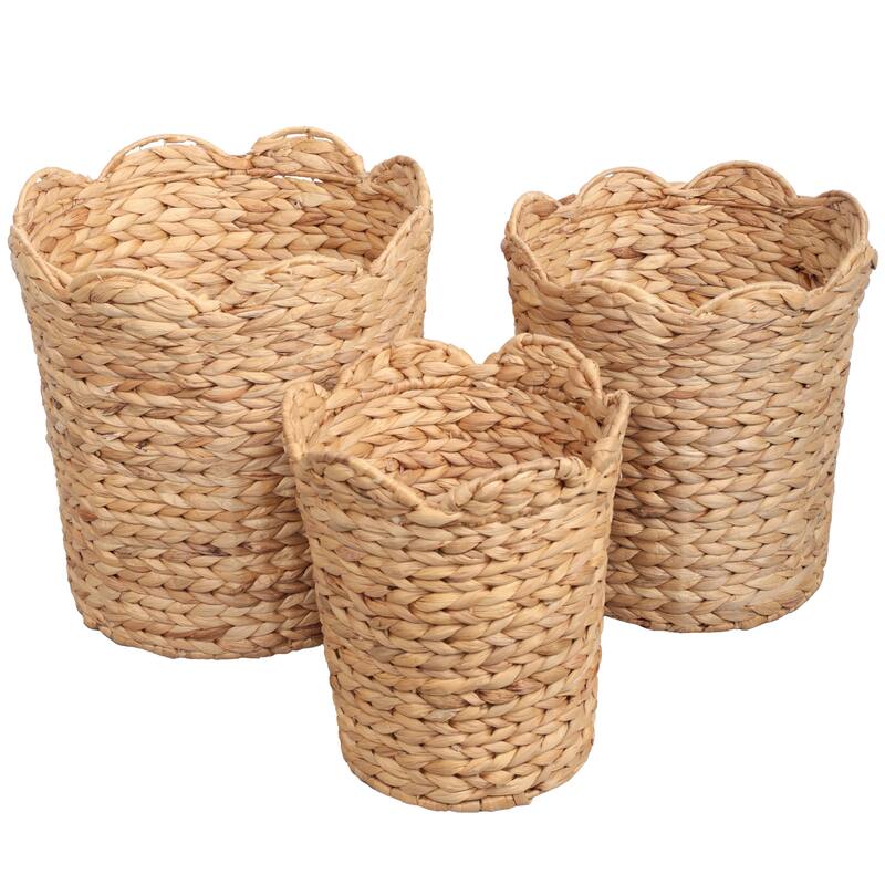 Handwoven Water Hyacinth Scalloped Edge Nesting Baskets (Set of 3) - Natural