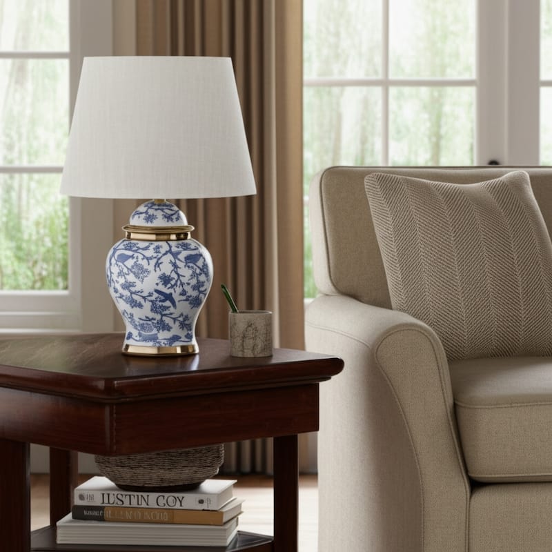 Ceramic Table Lamp Floral Bird Print with Accent Glam Decor - 19" Blue - 12" x 12" x 19"