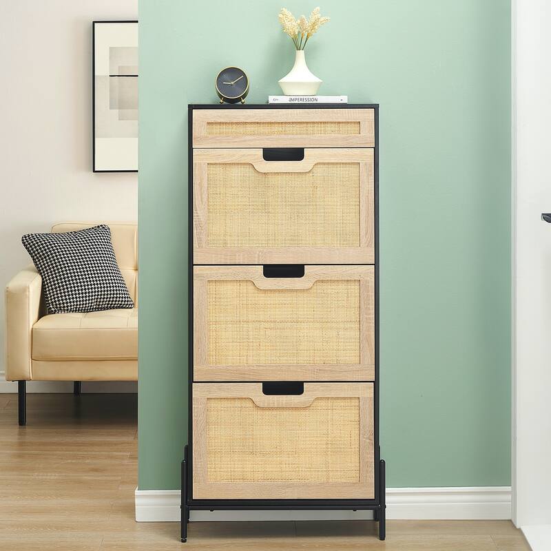 Rattan Shoe Cabinet with 3 Flip Door 1 Drawer Wooden Free Standing Shoe Racks, Shoe Storage Organizer Shoe Rack - 24x9.4x53.7in