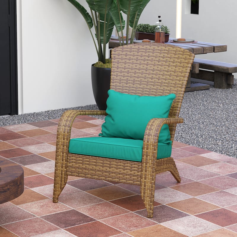 Outdoor Rattan Adirondack Chair with Cushions and Steel Frame Patio Seat for Porch or Pool - 25.2" W x 31.5" D x 35.4" H - MixedBrown-Sky Blue 