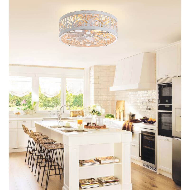 16.5in Vintage Distressed White Flush Mount Caged Ceiling Fan with Remote Light(7-Blade)