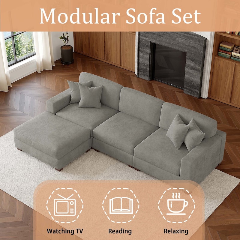 Oversized Chenille Modular Sectional Sofa Living Room Set with Ottoman